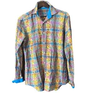 Bugatchi Uomo Vibrant Rainbow Plaid Button Down Shirt Shaped Fit Sz M Work